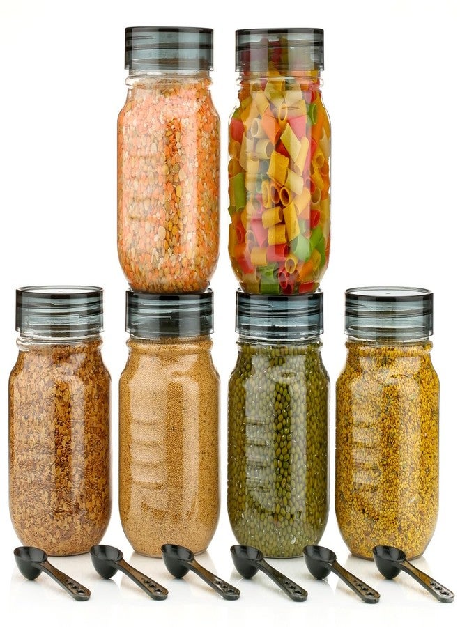 هابي علب تخزين بلاستيكية شفافة متعددة الأغراض وغير قابلة للكسر من هابي للمطبخ، علبة ماسالا محكمة الإغلاق، علبة توابل، حبوب، فواكه مجففة، سعة 750 مل مع ملاعق (مجموعة من 6 قطع - أسود) - Image 1